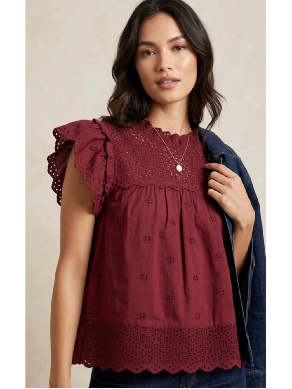Calypso St Barth Eyelet Lace Top NWT Maroon Burgundy Ruffle Flutter Sleeve Small